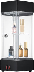LED Display Case with 360° Rotation, 2-Tier Lockable Acrylic Showcase, Electric Rotating Hexagonal Clear Cabinet for