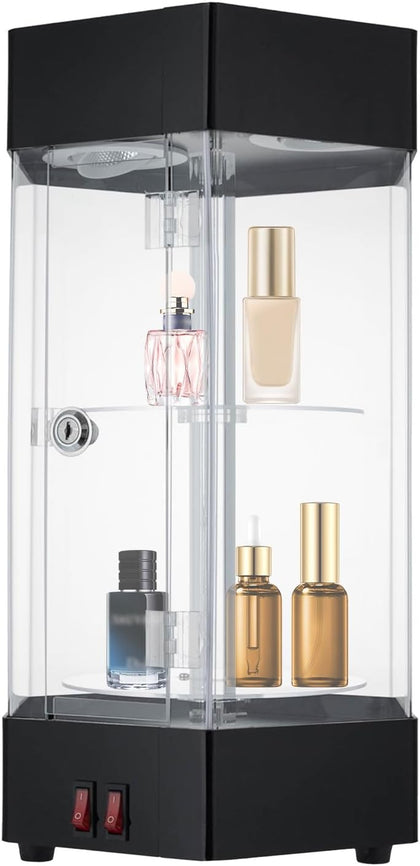 360° Electric Rotating Display Case, 2-Tier Jewelry Display Case Hexagonal Acrylic Showcase with Lockable Door and