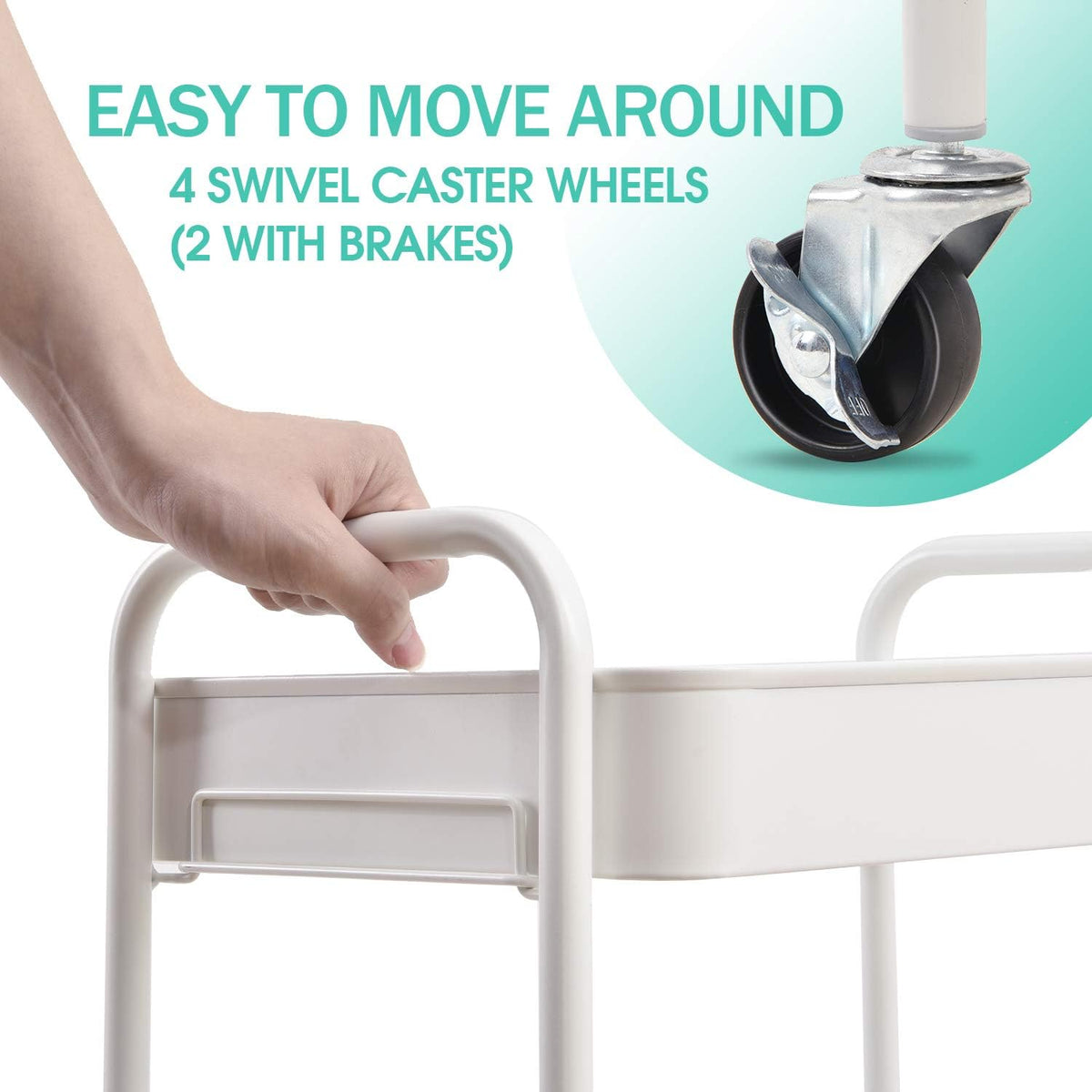 3 Tier Metal Rolling Cart, Utility Storage Cart with Wheels, White