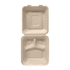 Biodegradable Bagasse/Eco-Friendly Sugar Cane Fibers Clamshell Take Out Food Containers, 9 x 9" 3-Compartment