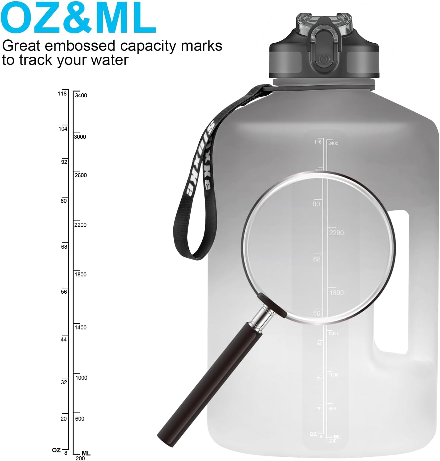1 Gallon Motivational Sports Water Bottle with Time Marker, BPA Free 128oz Leak Proof Jug, Black, Plastic, 128