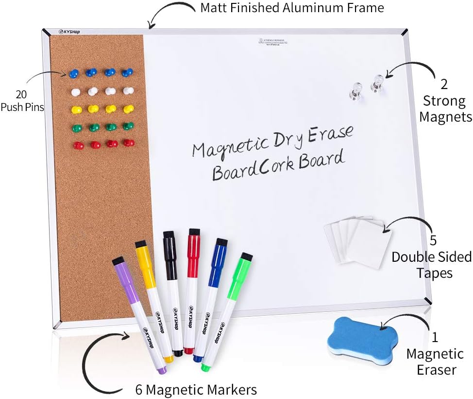 White Board & Cork Bulletin Board, 24" X 18", Combination Dry Erase Board & Cork Board, Vision Board for Home