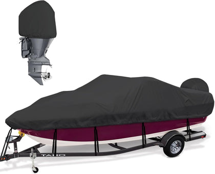 Bass Boat Cover 16-18.5, 900D Boat Cover with Motor Cover, Black | Heavy Duty Waterproof Boat Cover 16 17 18 Foot