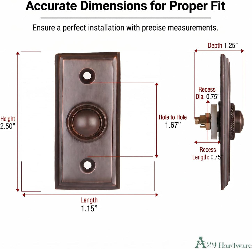Push Button Doorbell, Solid Brass, Oil Rubbed Bronze Finish | 2 1/2 X 1 1/7 in, Vintage Push Button Doorbell, Wired