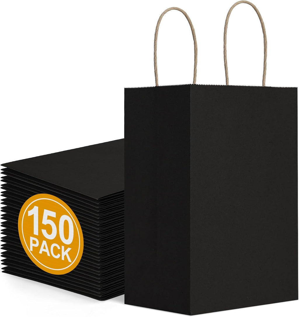 150 Pack Small Gift Bags with Handles 5.25x3x8 Black Bulk