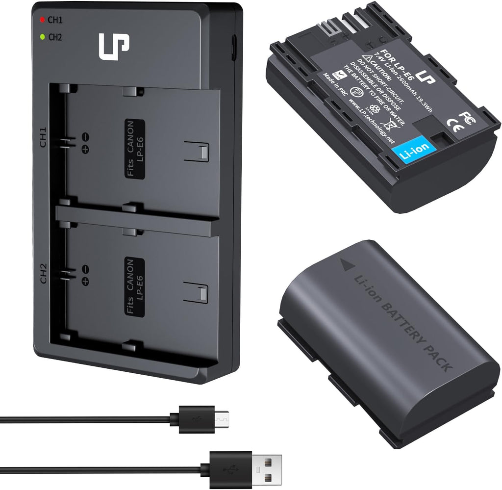 LP-E6 E6N Battery Charger Pack, 2-Pack 2600mAh Battery & Dual Charger | Compatible with Canon EOS R, R5, R6, 90D