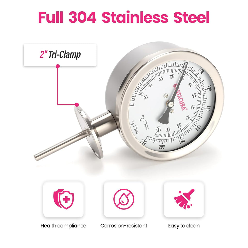 Sanitary Bimetal Thermometer, 0-220 Deg F/-10-100 Deg C