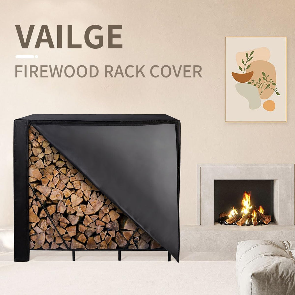Firewood Rack Cover 4FT, Waterproof Firewood Rack Outdoor Cover with Full Front Zipper & Windproof Straps, Heavy Duty