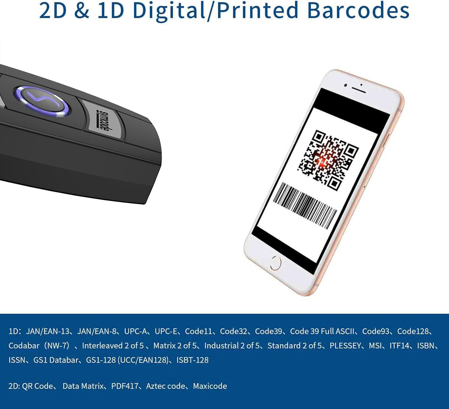 Bluetooth Barcode Scanner with Battery Level Indicator QR Bar Code Reader, 2.4G Wireless & USB Wired Barcode Scanner