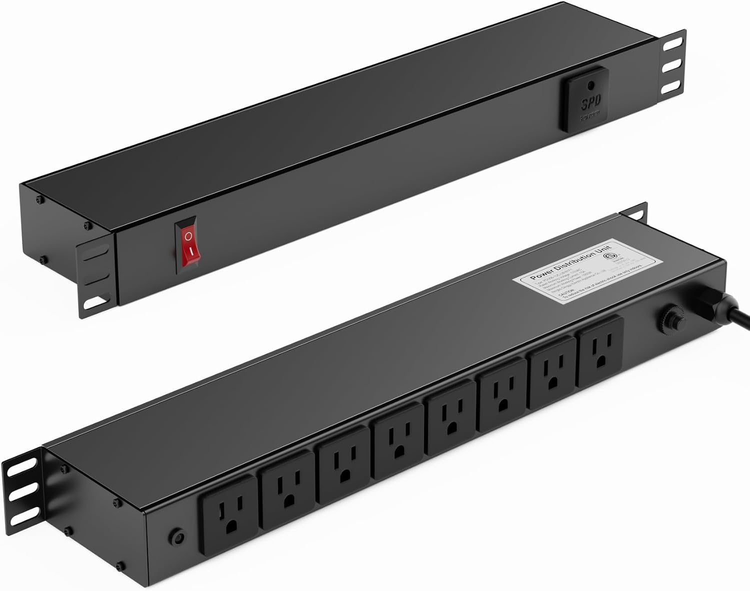8 Outlet Horizontal 1U Rack Mount PDU Power Strip with Surge Protector - 110V/15A - 6ft Power Cord for Network Server