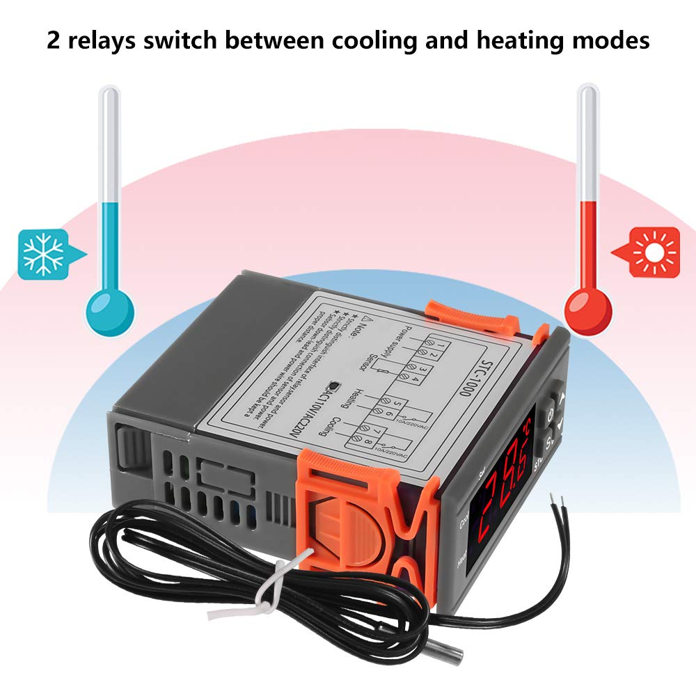 Dorhea STC-1000 Digital Temperature Controller AC 10A 220V Digital LED Temperature Controller Heating Cooling Centigrade Thermostat 2 Relays Output with NTC Sensor Probe(220V)