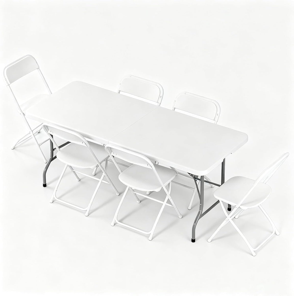 6FT Plastic Folding Table Set with 6 White Folding Chairs, Portable Heavy Duty Table and Chair Set for Picnic, Party