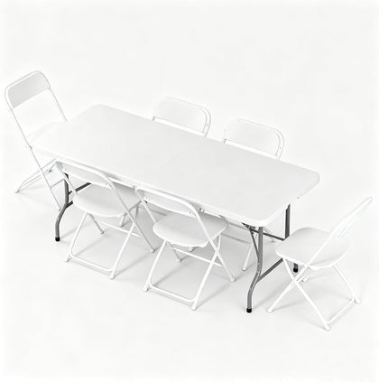 6FT Plastic Folding Table Set with 6 White Folding Chairs, Portable Heavy Duty Table and Chair Set for Picnic, Party