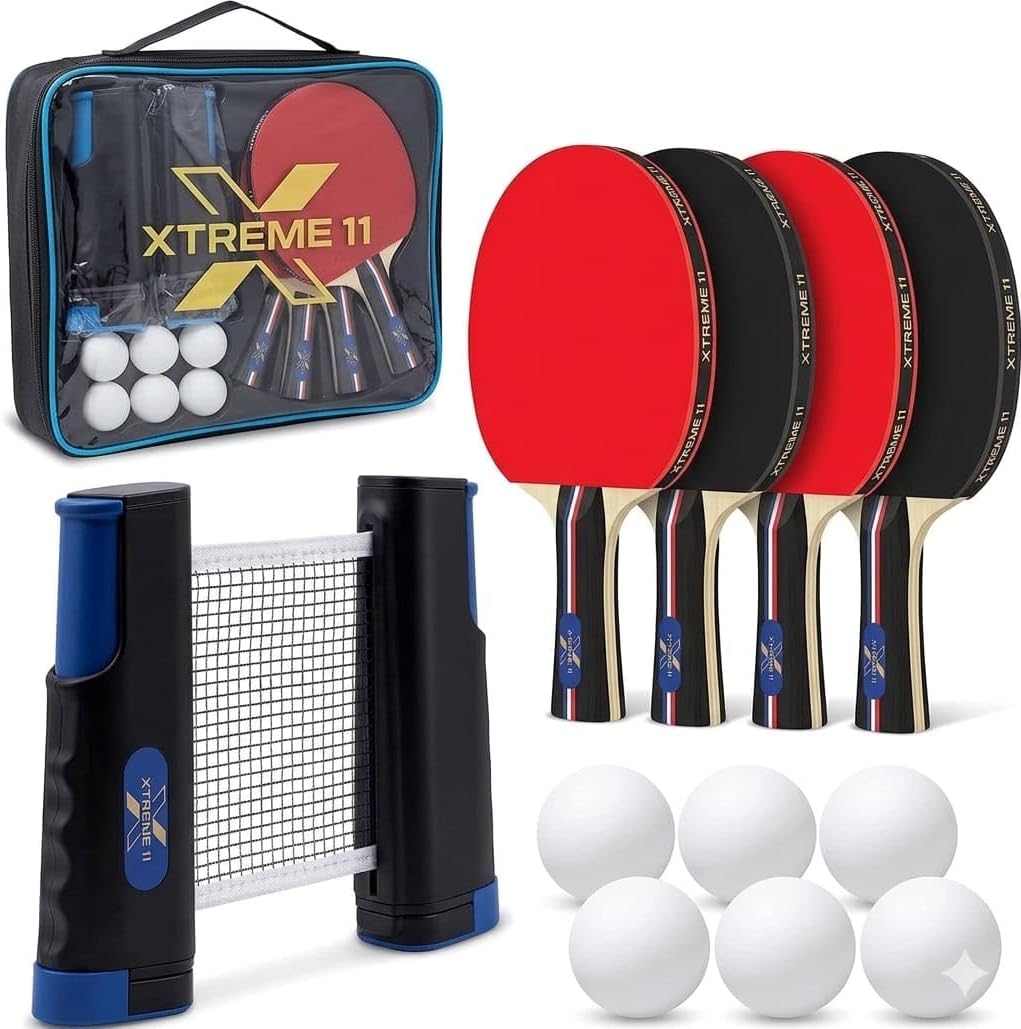 Adult Table Tennis Set, 4 ITTF Paddles, 6 Balls & Retractable Net