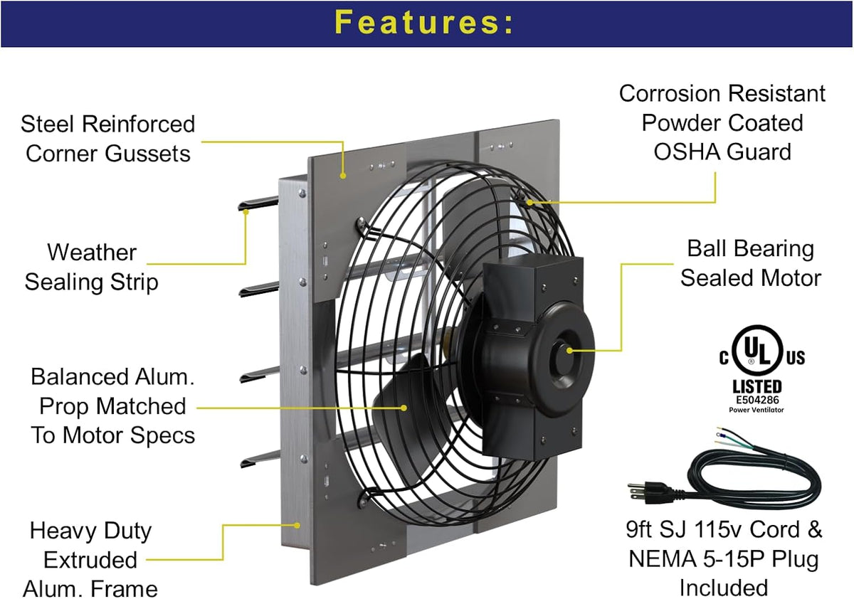 Hessaire 16SF4V75C Exhaust Fan, 16 Inch, 1400 CFM, Shutter Mount, Variable Speed Capable, Corrosion Resistant, Quiet Operating, Fully Assembled