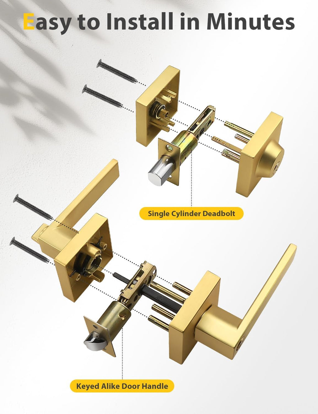Brushed Gold Keyed Alike Front/Exterior Door Lever with Single Cylinder Deadbolt, Satin Brass Entry Door Knob Lock