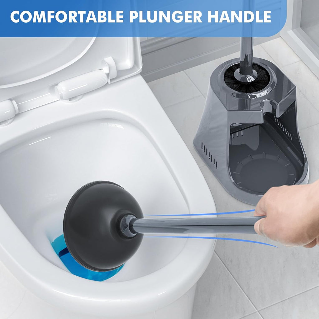 Toilet Plunger and Brush with Holder, Bowl Brush and Heavy Duty Toilet Plunger Set with Ventilated Holder, 2-in-1