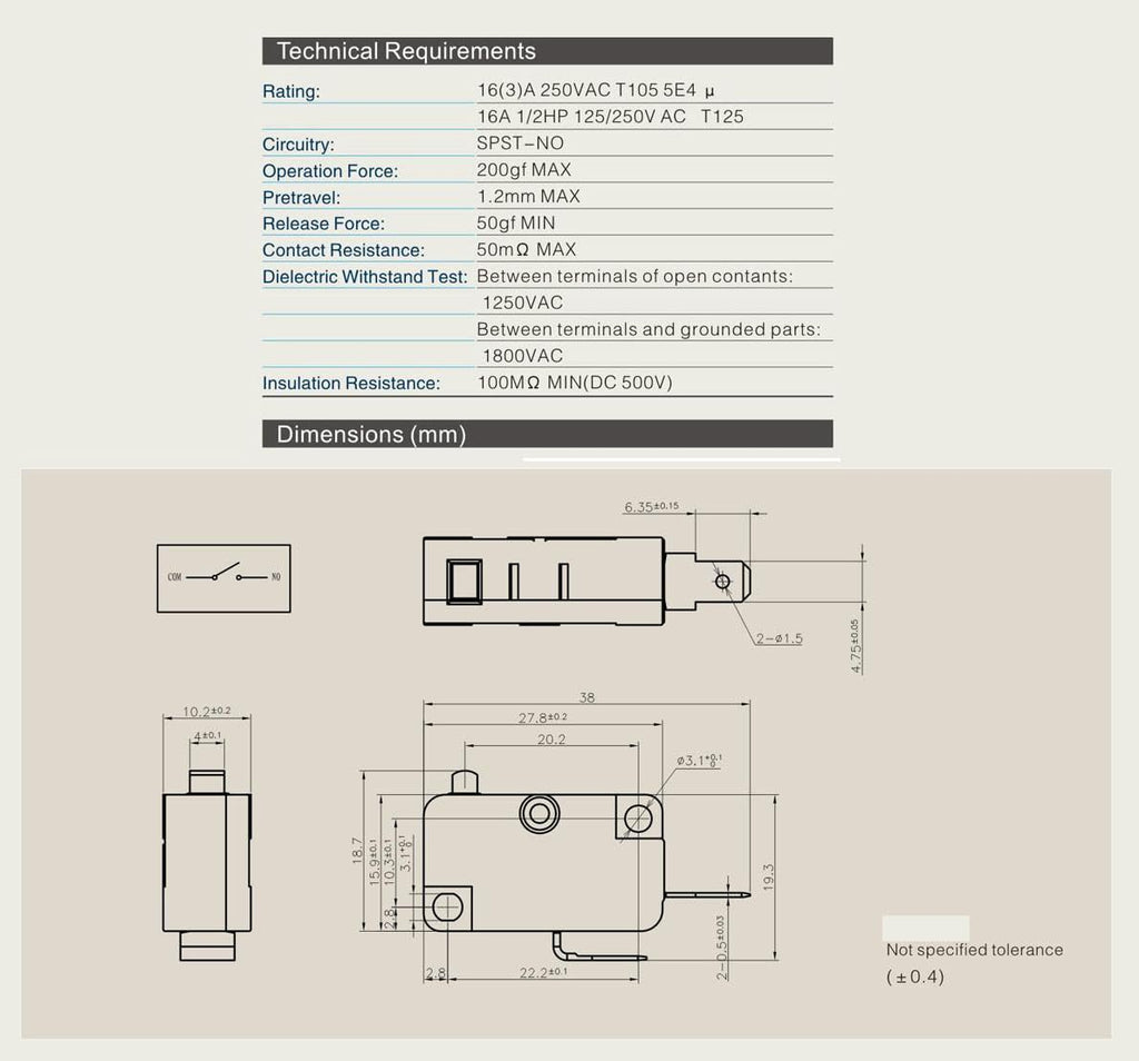 LF-10-02 Micro Limit Switch 2 Pins16A 125V/250V Door Interlock 2NO+1NC
