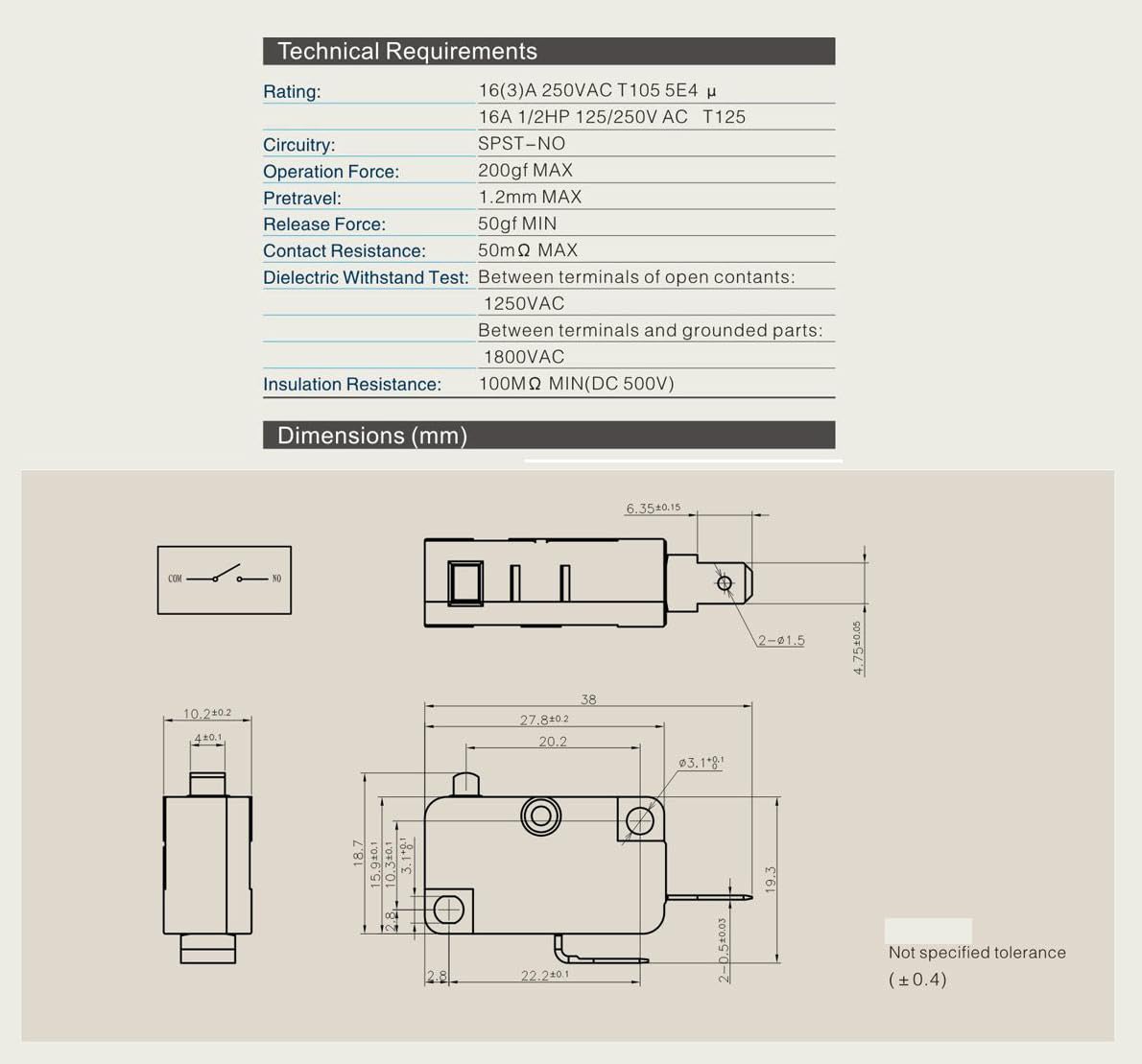 LF-10-02 Micro Limit Switch 2 Pins16A 125V/250V Door Interlock 2NO+1NC