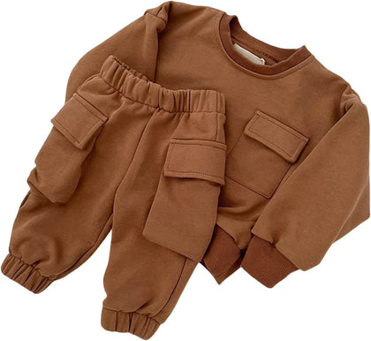 Toddler Cotton Thick Cargo Tops Pants Sets 2pc Plain Joggers Pullover Clothes Sweatpants Outfits Baby Boys Warm Comfy