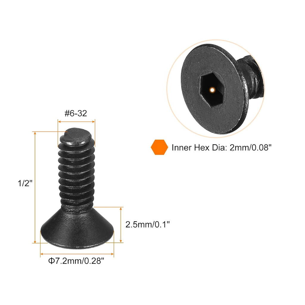 uxcell #6-32x1/2 Flat Head Socket Cap Screws, 10.9 Grade Carbon Steel Hex Socket Countersunk Flat Head Screw Bolts Machine Screws Fasteners, Fully Threaded, Black Oxide, 20Pcs
