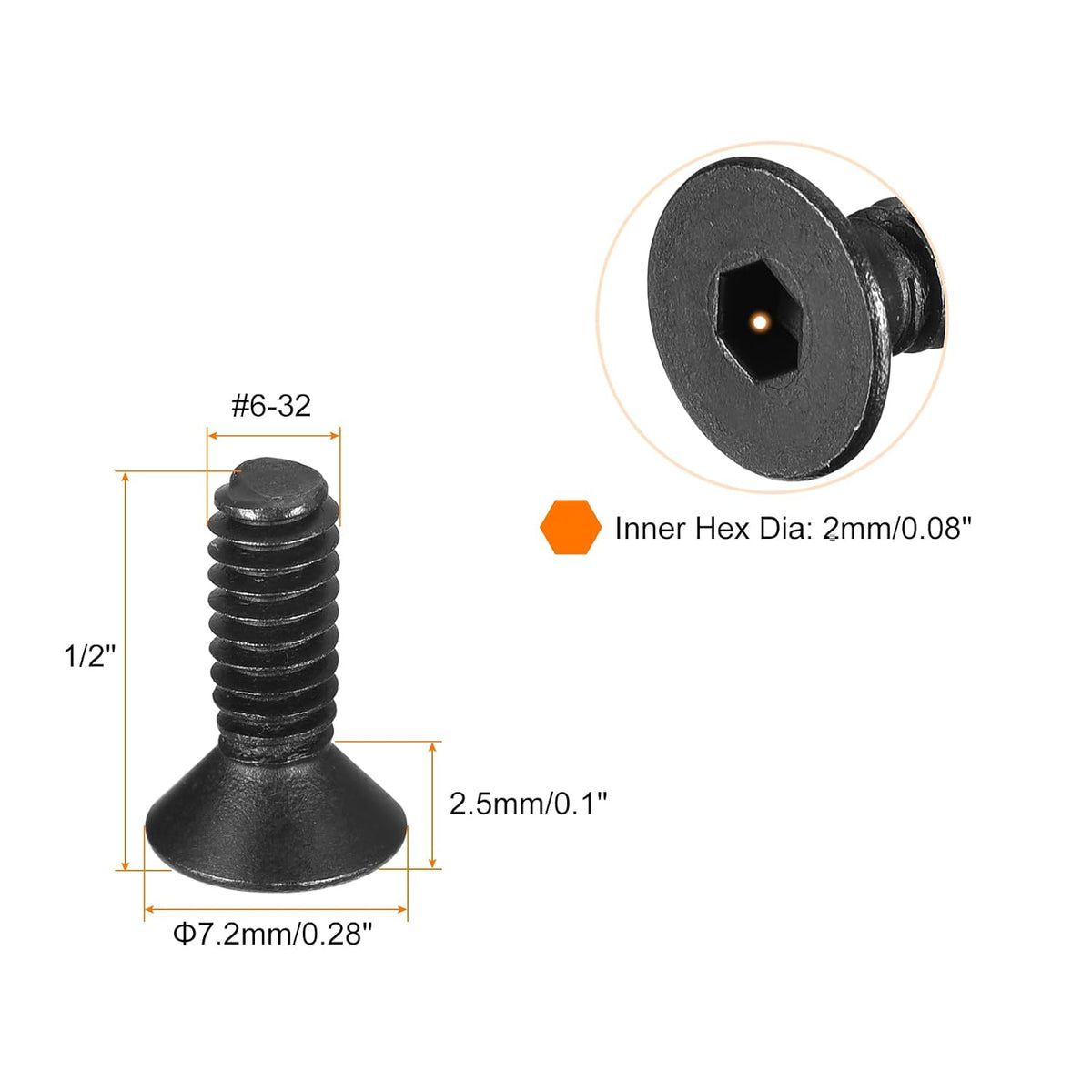 uxcell #6-32x1/2 Flat Head Socket Cap Screws, 10.9 Grade Carbon Steel Hex Socket Countersunk Flat Head Screw Bolts Machine Screws Fasteners, Fully Threaded, Black Oxide, 20Pcs