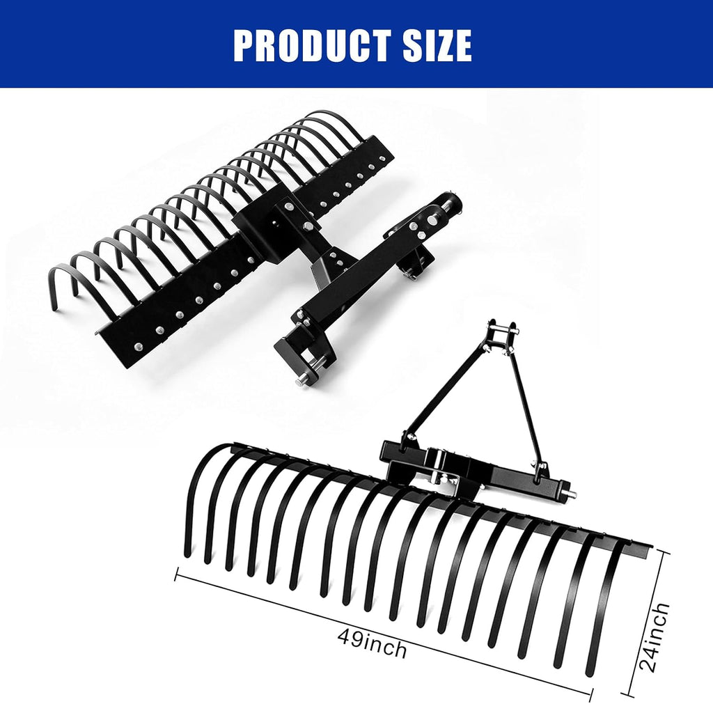 3 Point Hitch Landscape Rake, 49" Adjustable Spring Steel Tractor Attachment for CAT-0 CAT-1 Tractors, Arena Grading