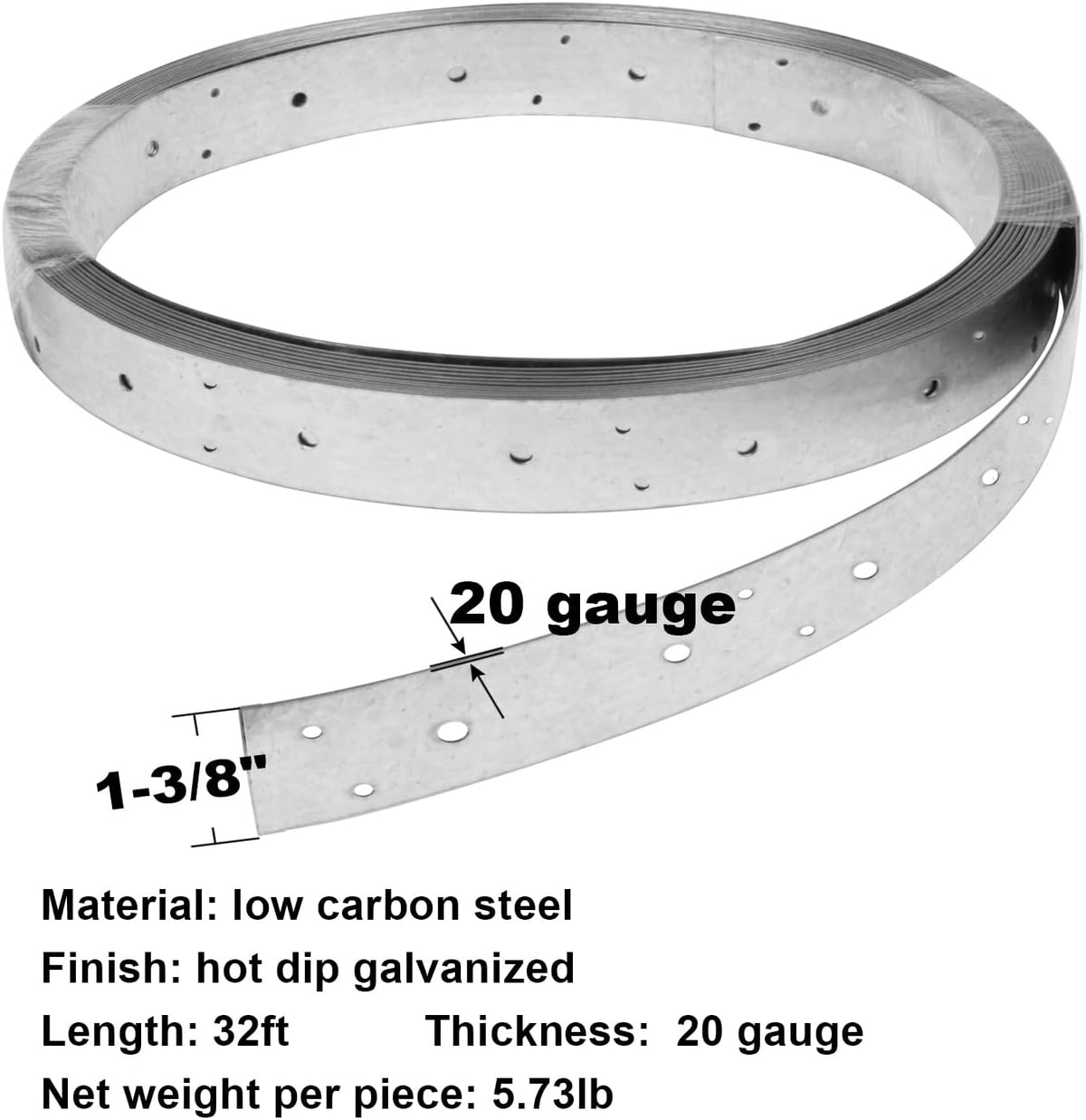 32ft Metal Strapping,1-3/8" Width Perforated Steel Coil Tie Strap