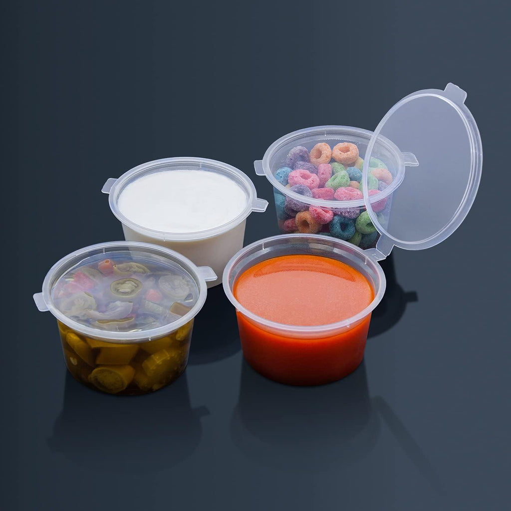 Leak Proof Plastic Condiment Souffle Containers with Attached Airtight Portion Cup with Hinged Lid for Sauces