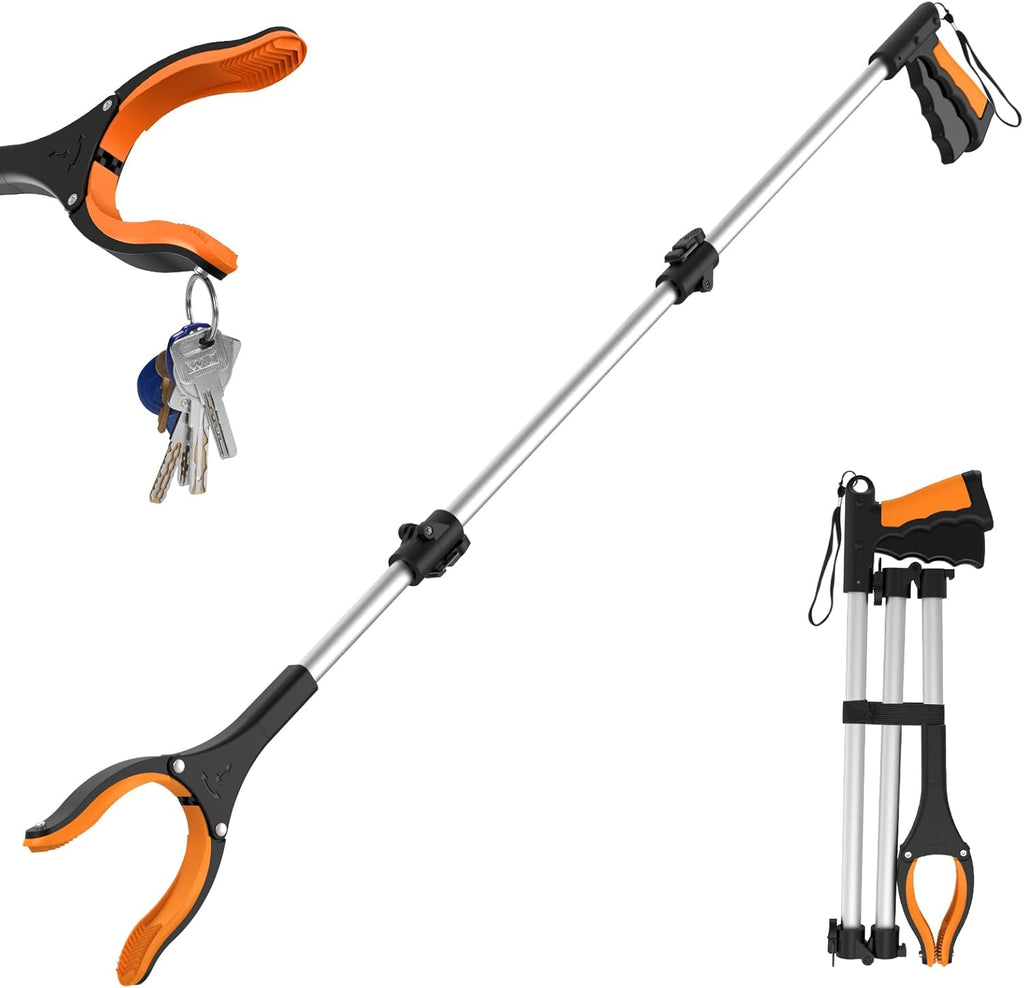 43" Extra Long Grabber Tool, Foldable Grabbers for Elderly Grab It Reaching Tool with Rotating Jaw +Magnets, 4" Wide