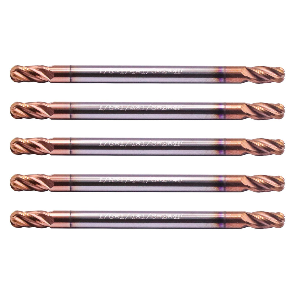 5Pcs 1/8" 4 Flute Double End Solid Carbide Ball Nose End Mill, TiSiN Coated