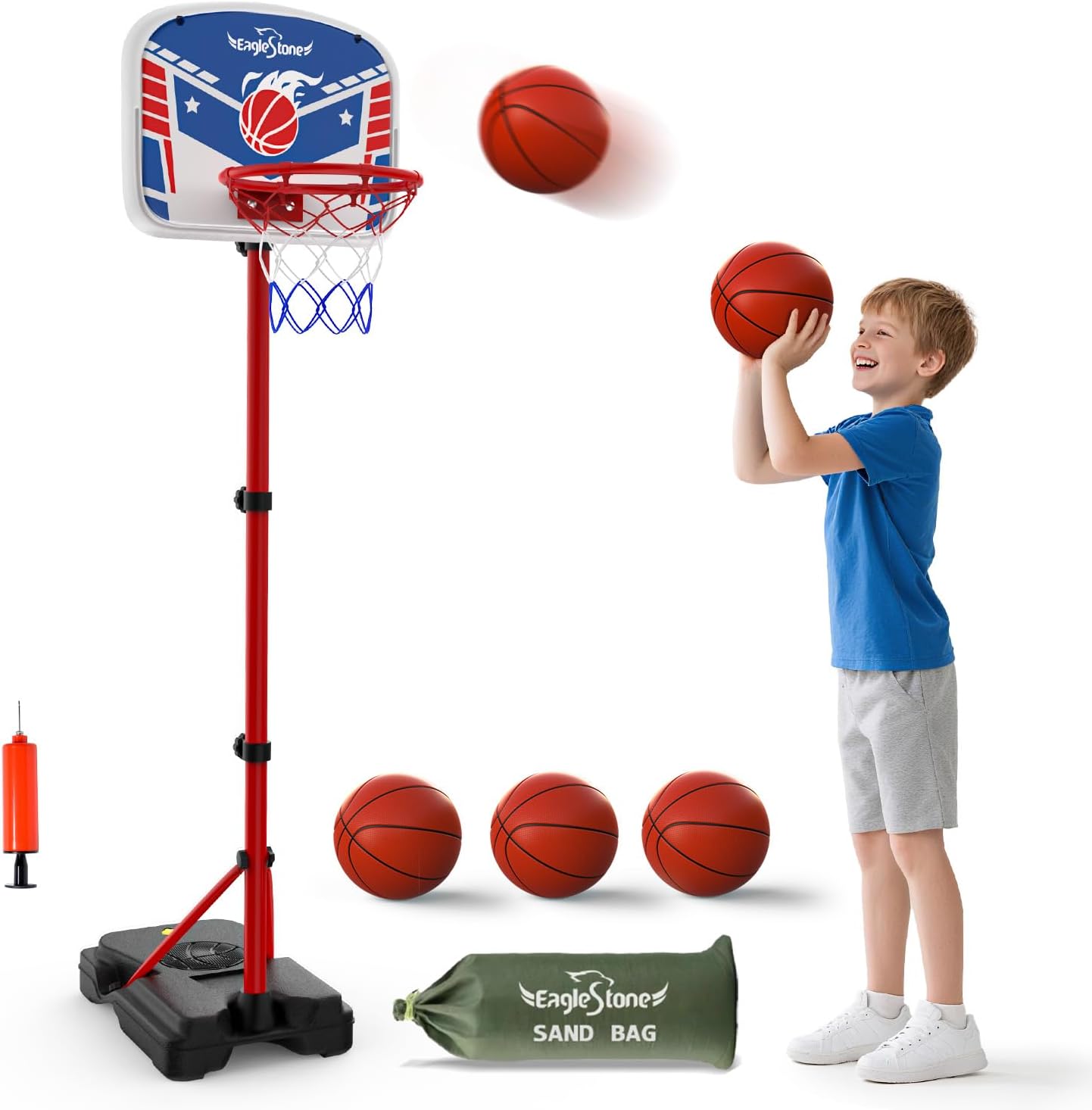 Kids Adjustable Height Basketball Hoop with Stand Indoor Outdoor | 3 Balls,Extra Sandbag for Stability,Backyard