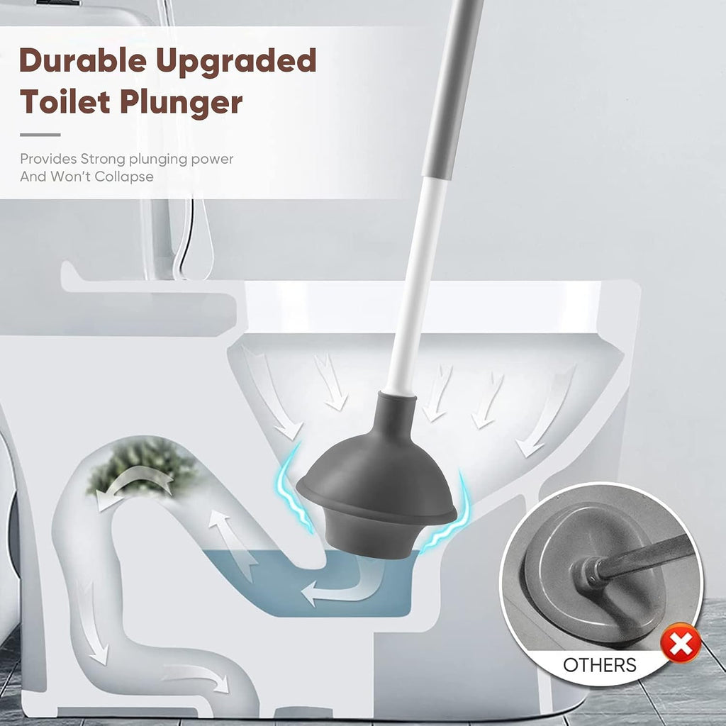 Toilet Plunger and Brush Set, 2-in-1 Compact Holder, White | Unclogs Toilets, Deep Cleans Bowls, Nylon Bristles