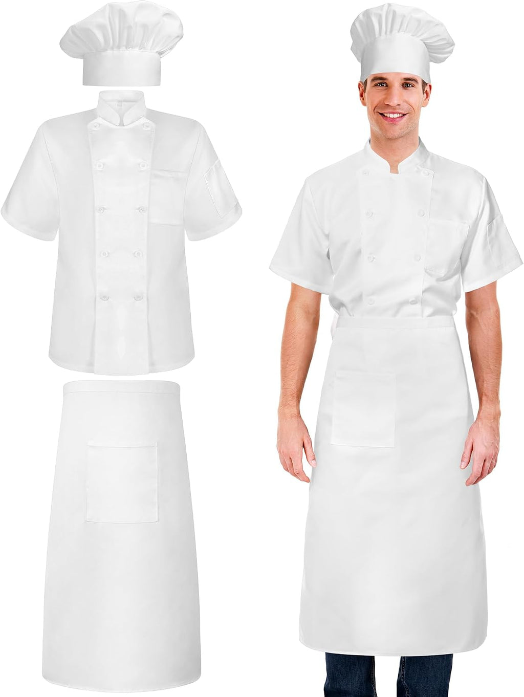Halloween 3 Pcs Chef Unisex Costume Tall Hat Coat Bistro Apron Set Chef Jacket Coat Apron for Man(Short