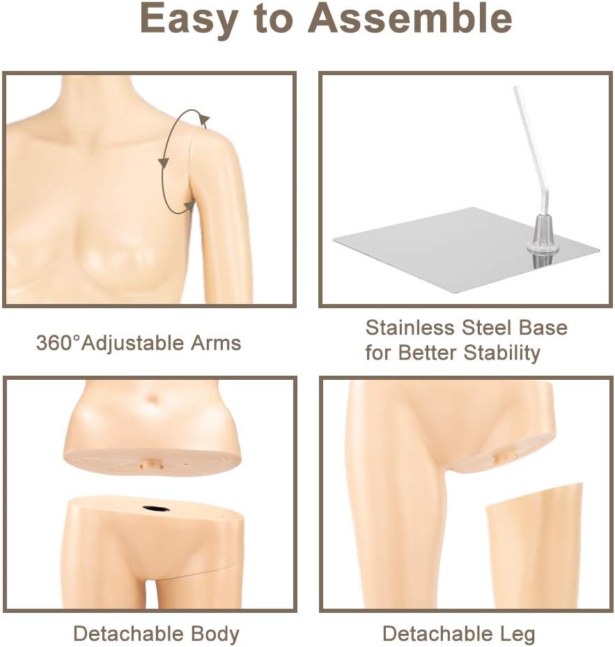 Female Mannequin Full Body Adjustable Torso Dress Form with Metal Base, 68inch, Detachable Plastic for Displays