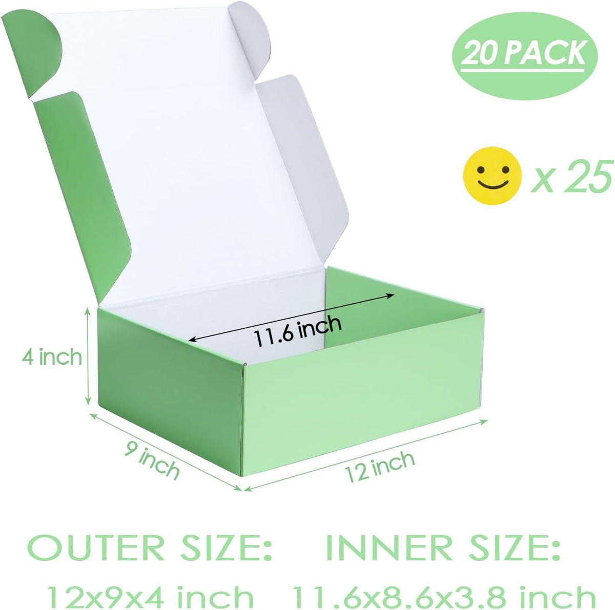 20 Pack 12x9x4 in Cardboard Shipping Boxes, Light Green Gift Box