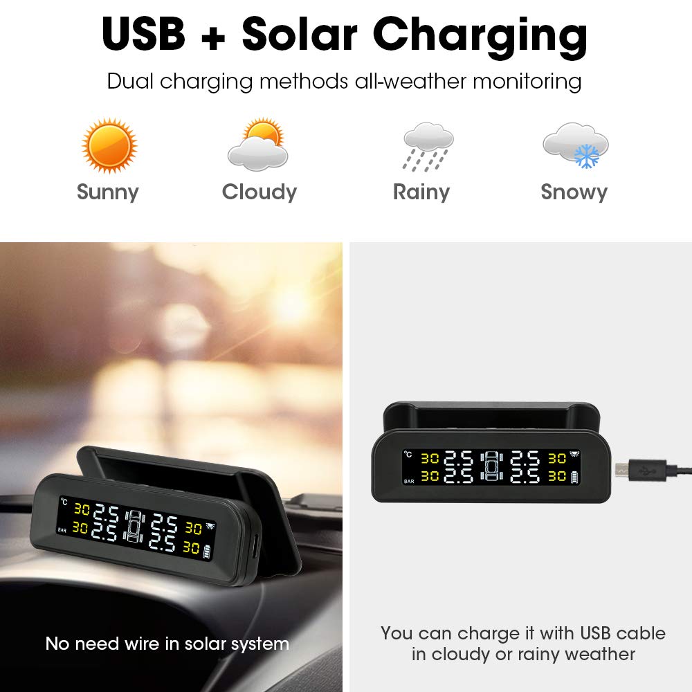 Tire Pressure Monitoring System Wireless Solar TPMS, Tire Pressure Monitor Installed on Windowshield with 4 External