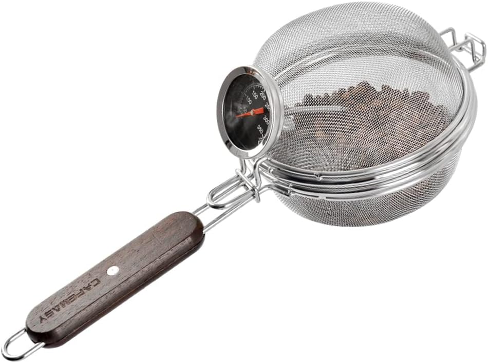 Home Coffee Bean Roaster Tool - CAFEMASY Portable Stainless Steel Handy Coffee Roaster Mesh Pan Tool with Thermometer