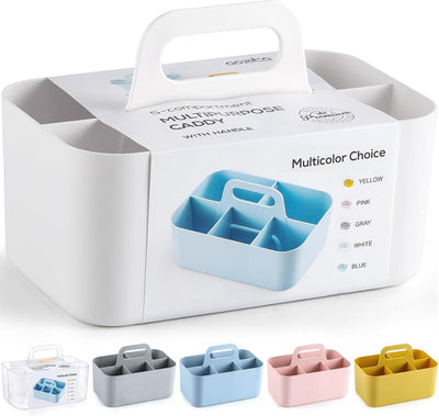 Multiuse Caddy Organizer with Handle, Portable Divided Plastic Tote Bin - Art Craft, Stationary Pen Marker Crayons