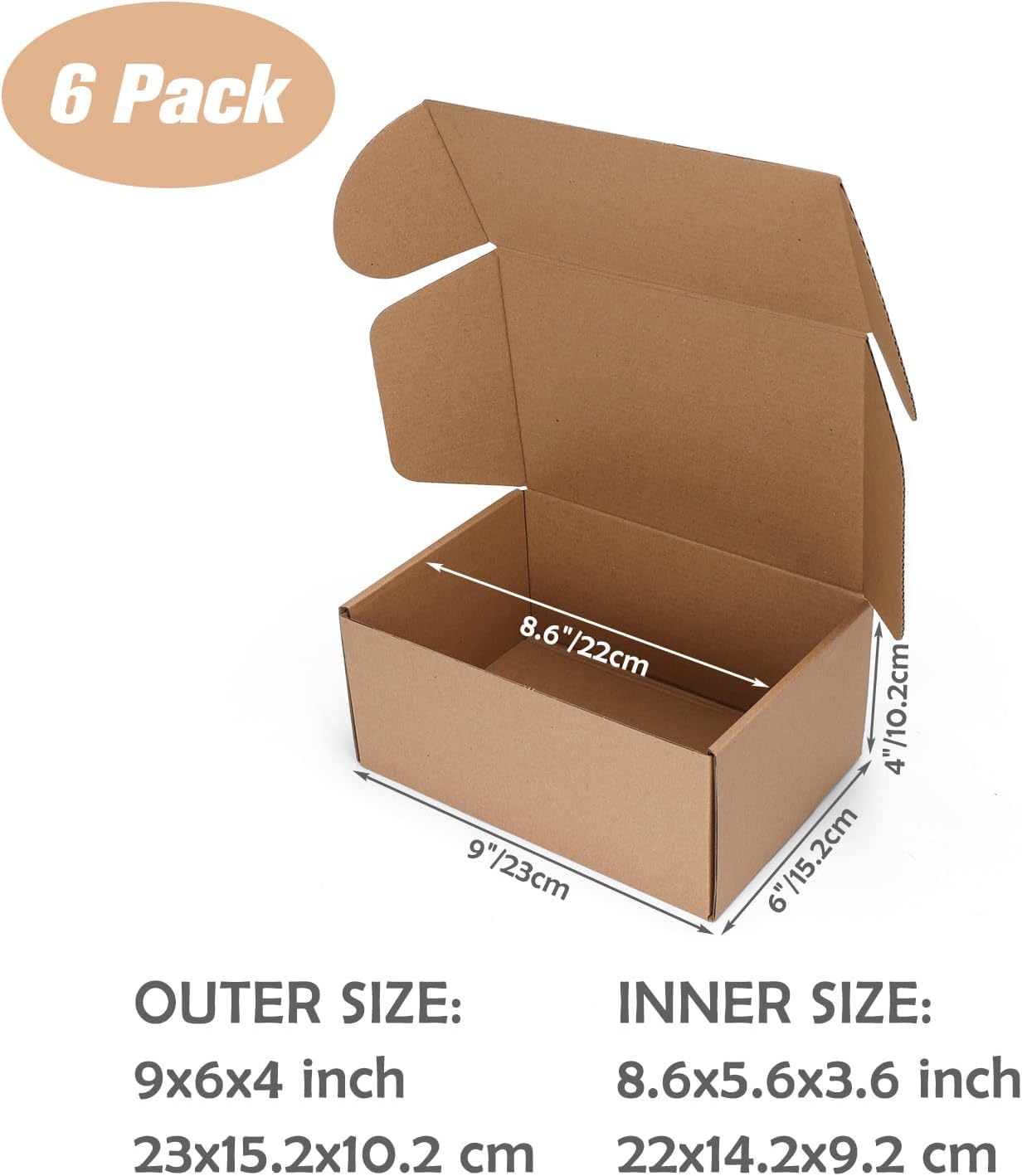 9x6x4 inch Cardboard Shipping Boxes, Set of 6 Gift Boxes, Brown | Single Corrugated, DIY Cardboard, Easy Fold, Shape