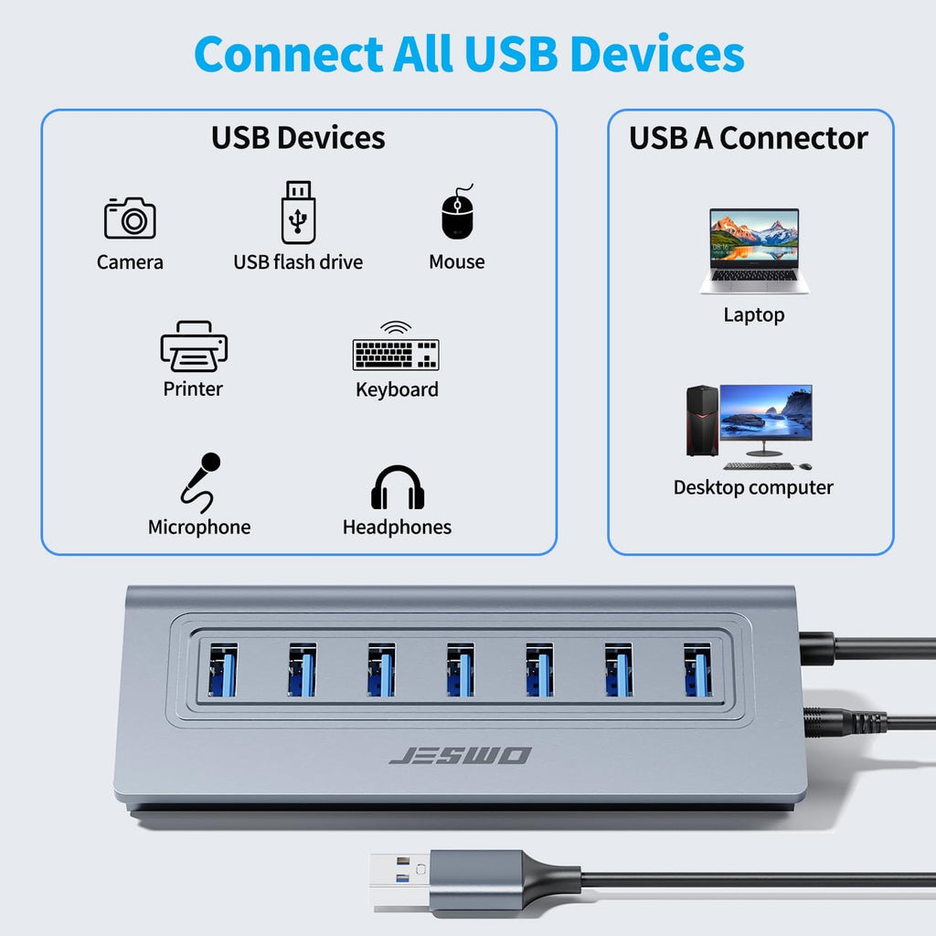 Powered USB Hub, JESWO 7-Port USB 3.0 Hub, Aluminum USB Data Hub with 3.3ft Cable, USB Hub 3.0 Powered with 5V/4A