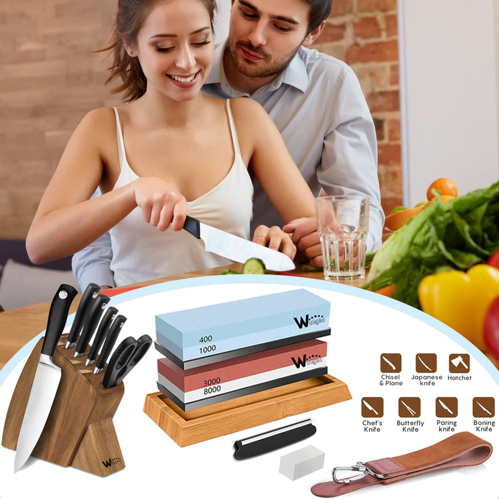 Knife Sharpening Stone Kit - 400/1000 3000/8000 Grit Japanese Whetstone Set with Non-Slip Rubber Base, Angle Guide