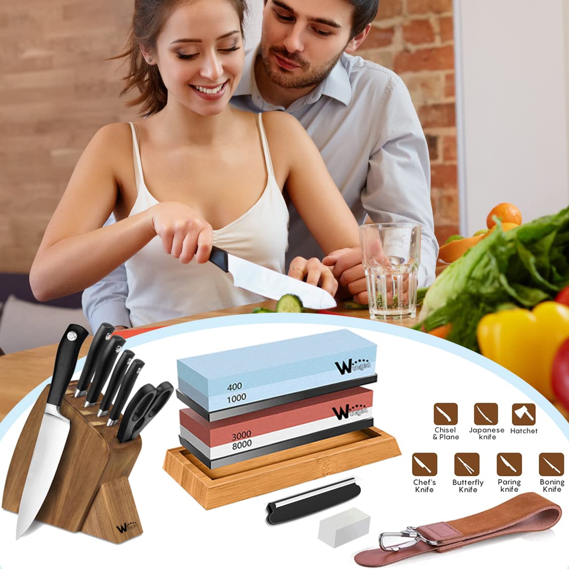Knife Sharpening Stone Kit - 400/1000 3000/8000 Grit Japanese Whetstone Set with Non-Slip Rubber Base, Angle Guide