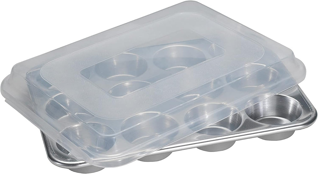 Natural Aluminum Commercial Muffin Pan with Lid, 12 Cup
