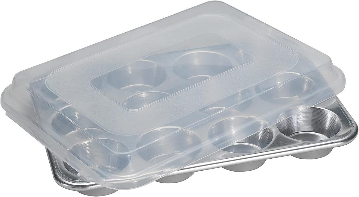 Natural Aluminum Commercial Muffin Pan with Lid, 12 Cup