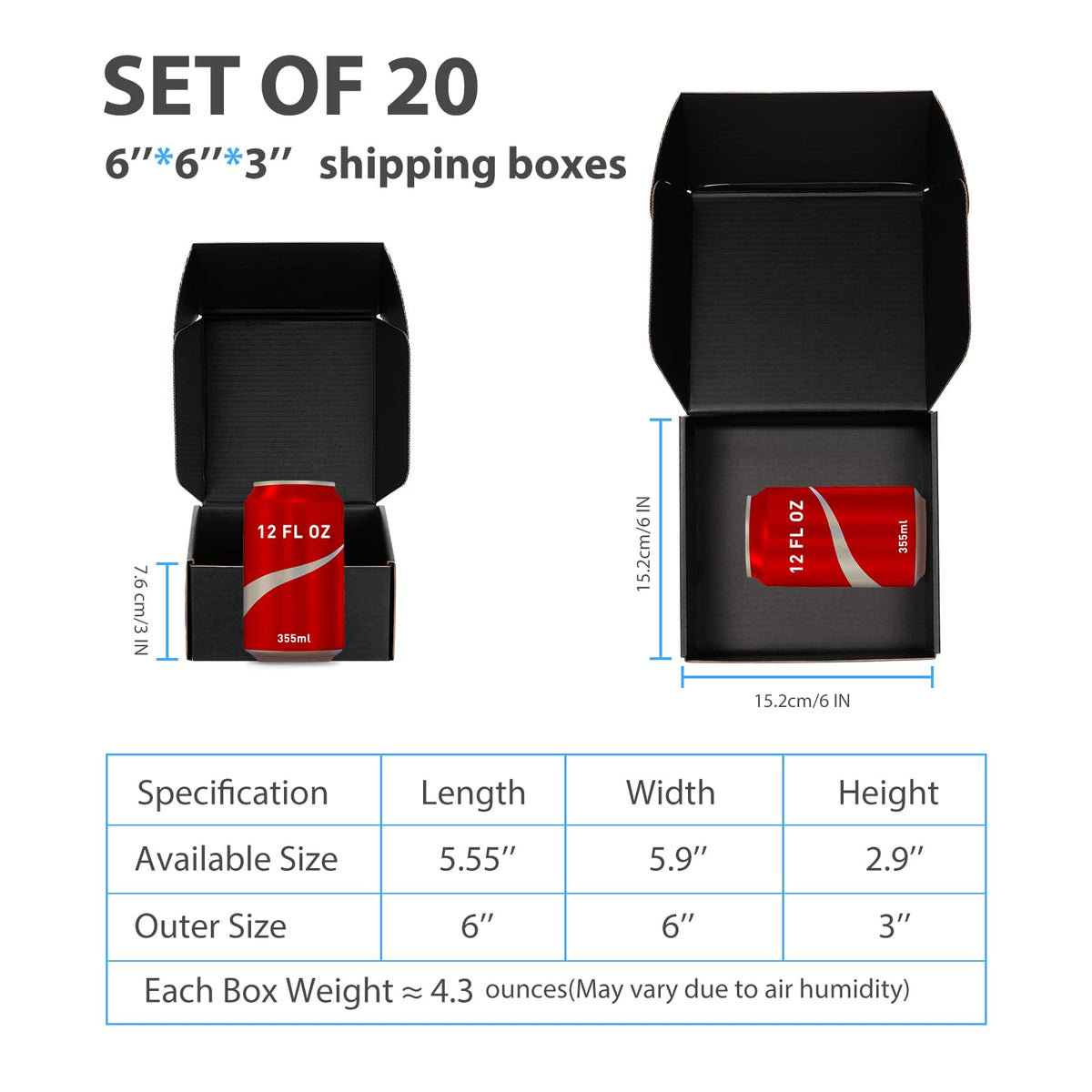 Black Shipping Boxes 6x6x3 Inches, 20 Pack