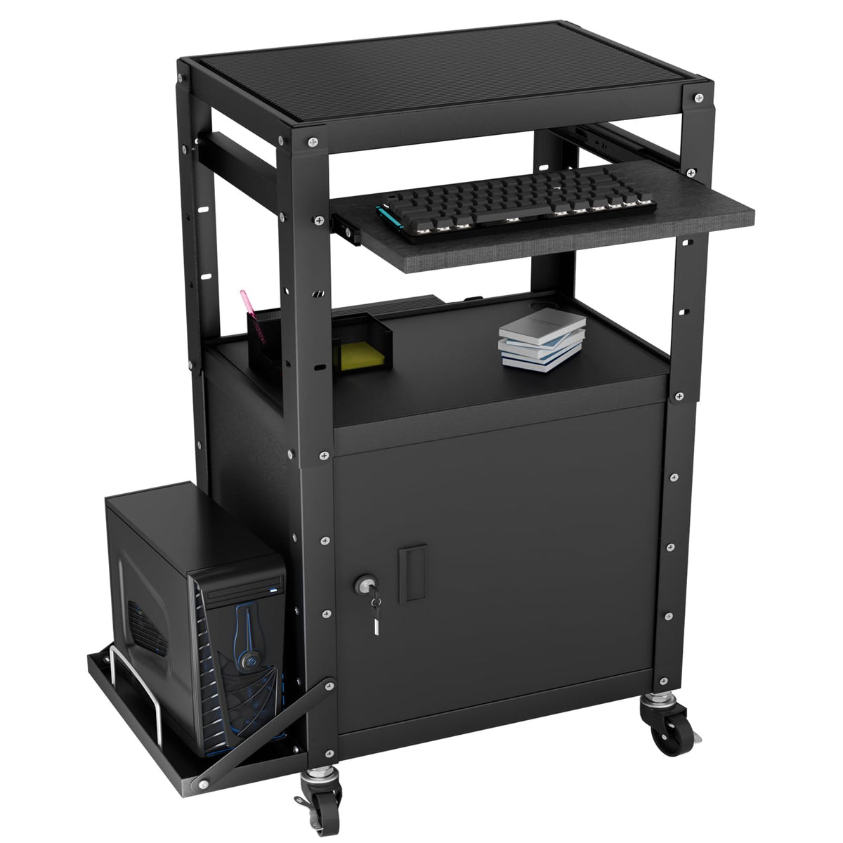 Mobile AV Cart with Side Shelves, Rolling Computer Cart Height Adjustable Rolling Media Utility Cart with Pullout