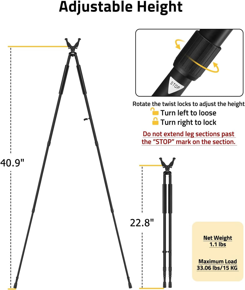 Shooting Bipod Hunting Stick Rifle Crossbow Rest, Twist Lock | 360° Rotatable V Yoke, Adjustable Aluminum