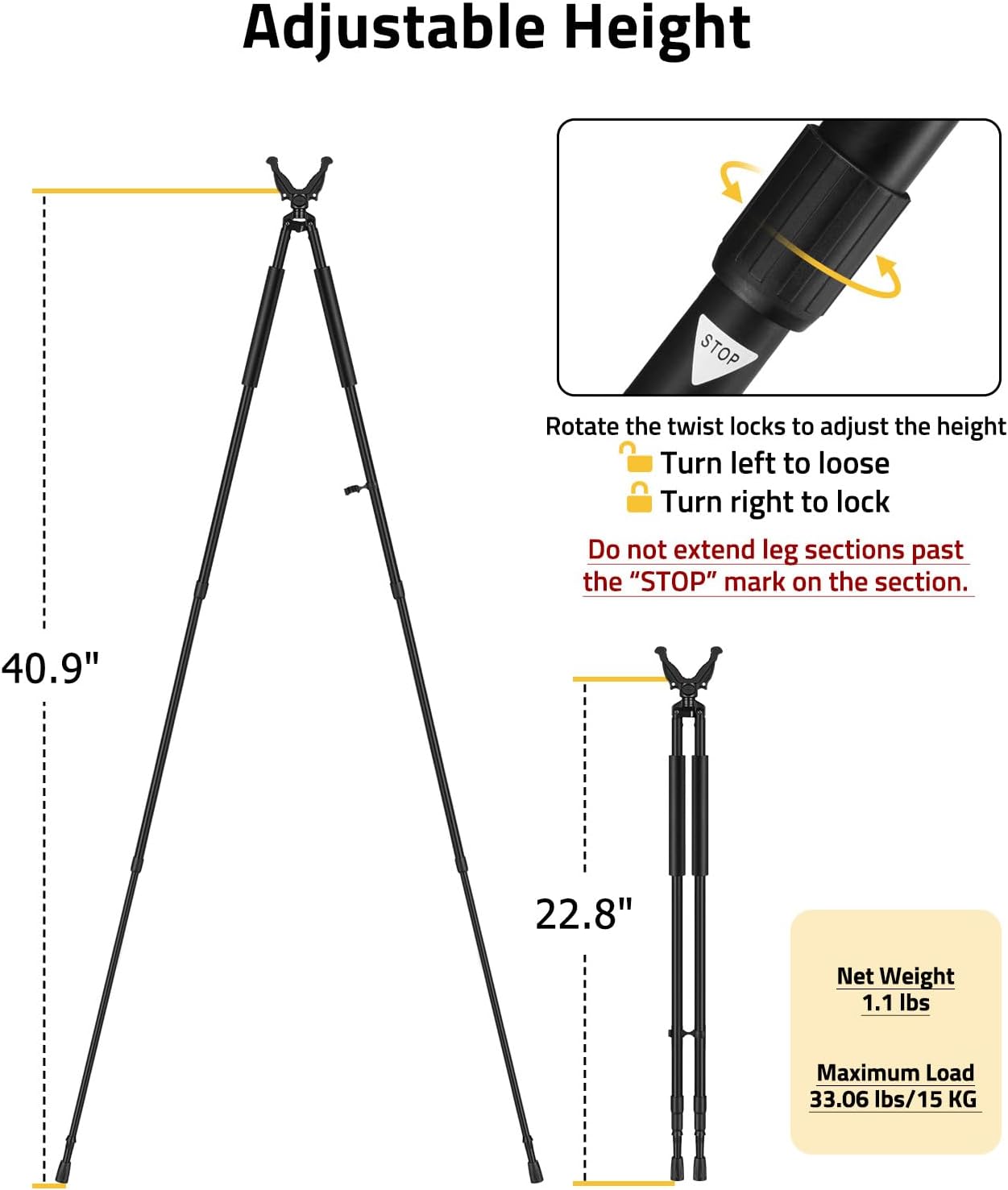 Shooting Bipod Hunting Stick Rifle Crossbow Rest, Twist Lock | 360° Rotatable V Yoke, Adjustable Aluminum