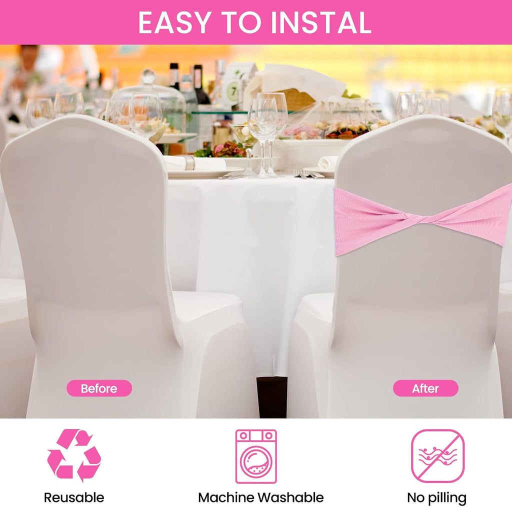 100 Pcs Spandex Chair Sashes Wedding Stretch Bands, Pink